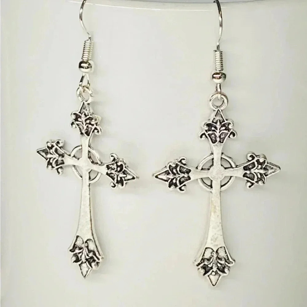 Silver Ornate Cross Christian Drop Earrings NWT